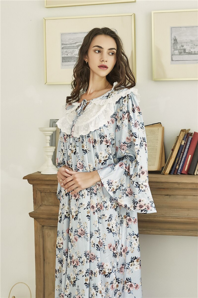 Modern Vintage long Nightgown, Lady Flower Satiny Long sleeve Sleepwear, Romantic Loose Nightgown, C30