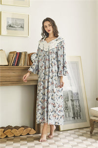 Modern Vintage long Nightgown, Lady Flower Satiny Long sleeve Sleepwear, Romantic Loose Nightgown, C30