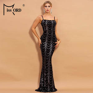 Missord 2020 Autumn Winter High Neck Wave Sequins See Though Women Maxi Dresses Elegant Long Sleeve Female Party Dresses M0032