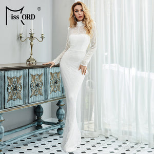 Missord 2020 Autumn Winter High Neck Wave Sequins See Though Women Maxi Dresses Elegant Long Sleeve Female Party Dresses M0032