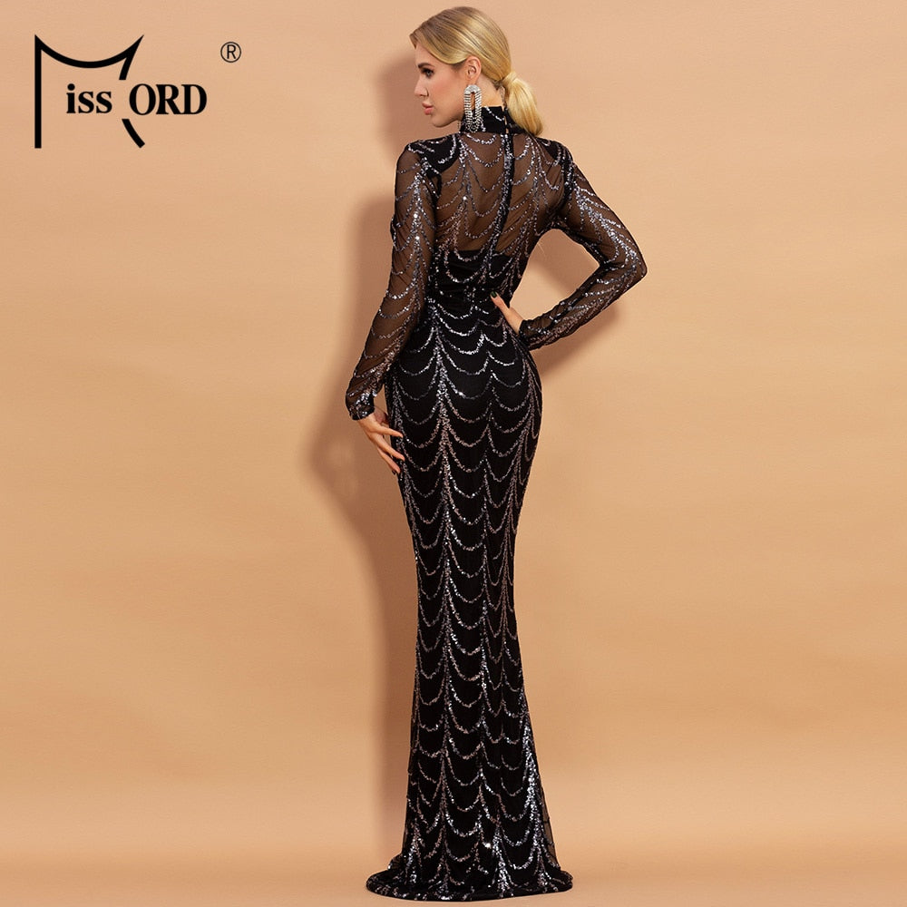 Missord 2020 Autumn Winter High Neck Wave Sequins See Though Women Maxi Dresses Elegant Long Sleeve Female Party Dresses M0032