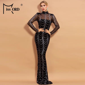 Missord 2020 Autumn Winter High Neck Wave Sequins See Though Women Maxi Dresses Elegant Long Sleeve Female Party Dresses M0032