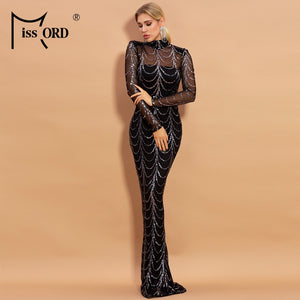 Missord 2020 Autumn Winter High Neck Wave Sequins See Though Women Maxi Dresses Elegant Long Sleeve Female Party Dresses M0032