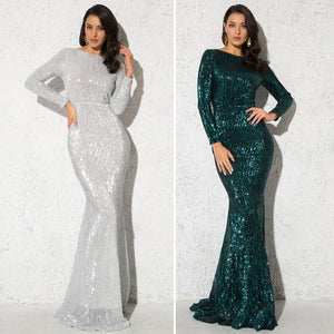 Elegant O Neck Long Sleeve Sequin Maxi Dress Floor Length Stretchy Bodycon Party Dress Gold Green Burgundy Black