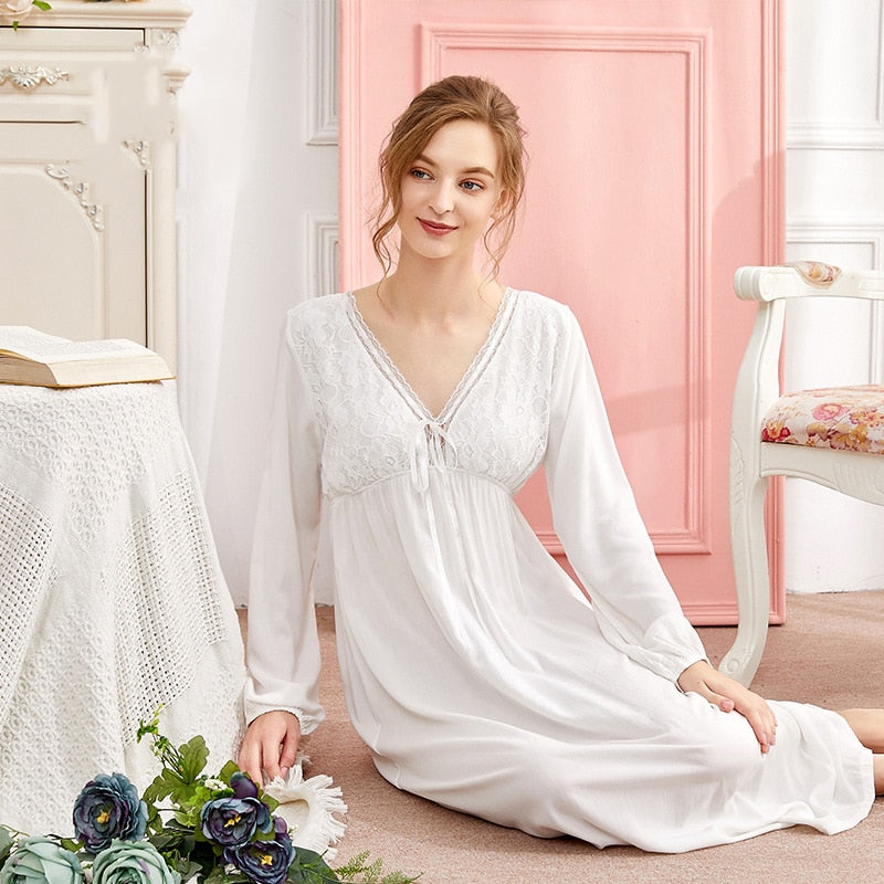 PURE Cotton Long Sleeve romantic long Nightgown, peignoir nightgown, c