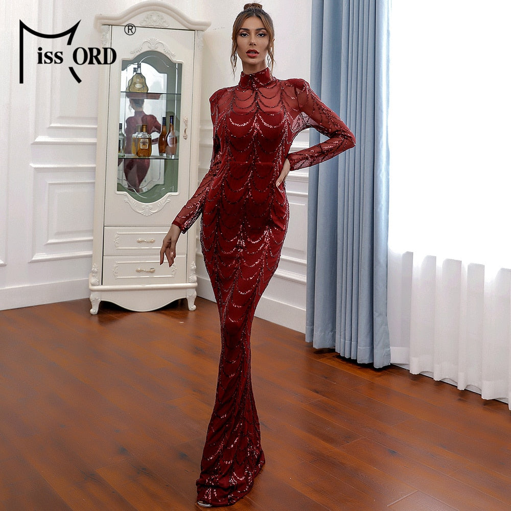 Missord 2020 Autumn Winter High Neck Wave Sequins See Though Women Maxi Dresses Elegant Long Sleeve Female Party Dresses M0032