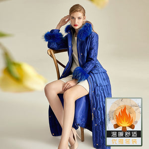 Xlong Winter Jacket Women 2020 Luxury Down Cotton Satin Cotton Jacket Female Blue Embroidery Ultra Light Thickened Long Coat