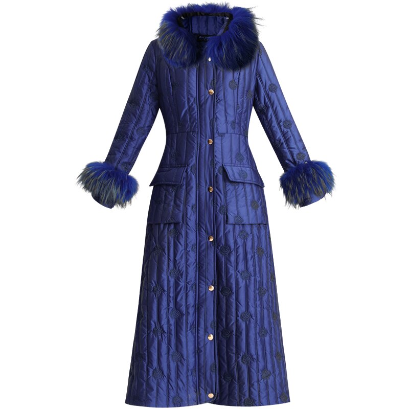 Xlong Winter Jacket Women 2020 Luxury Down Cotton Satin Cotton Jacket Female Blue Embroidery Ultra Light Thickened Long Coat