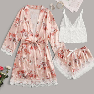 Lingerie Set, Women Satin Silk Pajamas, Cute Camisole, Shortie underwear + night robe Sleepwear Set, Lingerie Q40