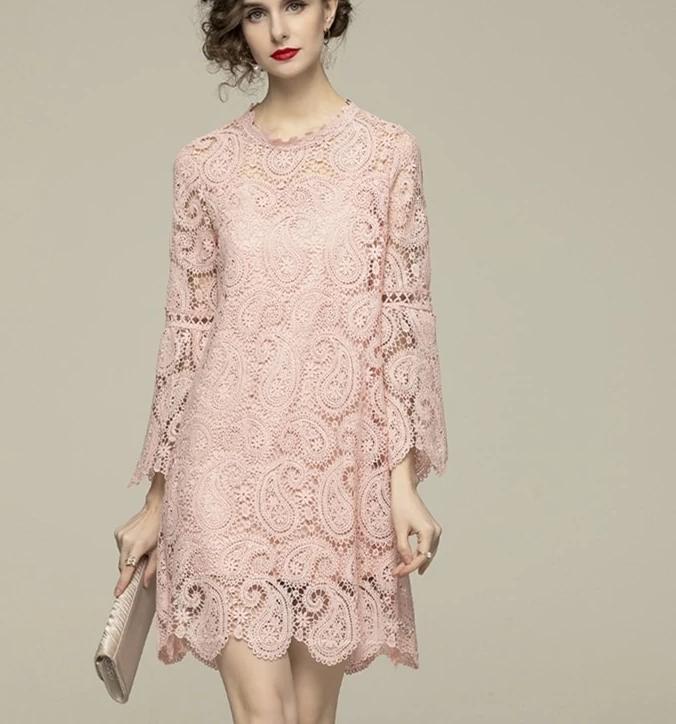 Women Spring & Summer Elegant Lace Dress, High Quality Vintage dress, evening cocktail dress, Flare Sleeve Designer dress, C38