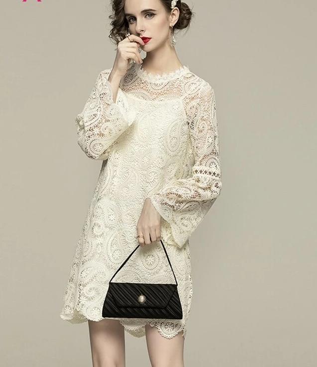 Women Spring & Summer Elegant Lace Dress, High Quality Vintage dress, evening cocktail dress, Flare Sleeve Designer dress, C38