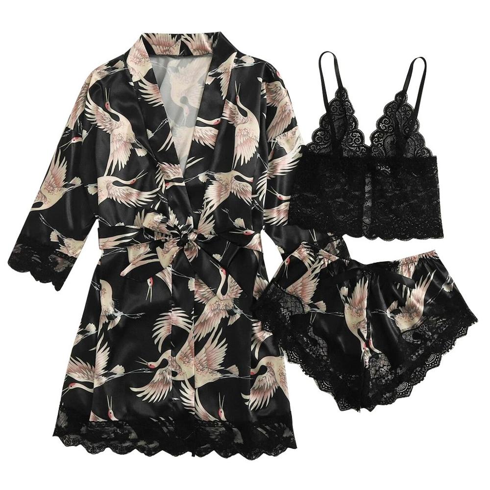 Lingerie Set, Women Satin Silk Pajamas, Cute Camisole, Shortie underwear + night robe Sleepwear Set, Lingerie Q40