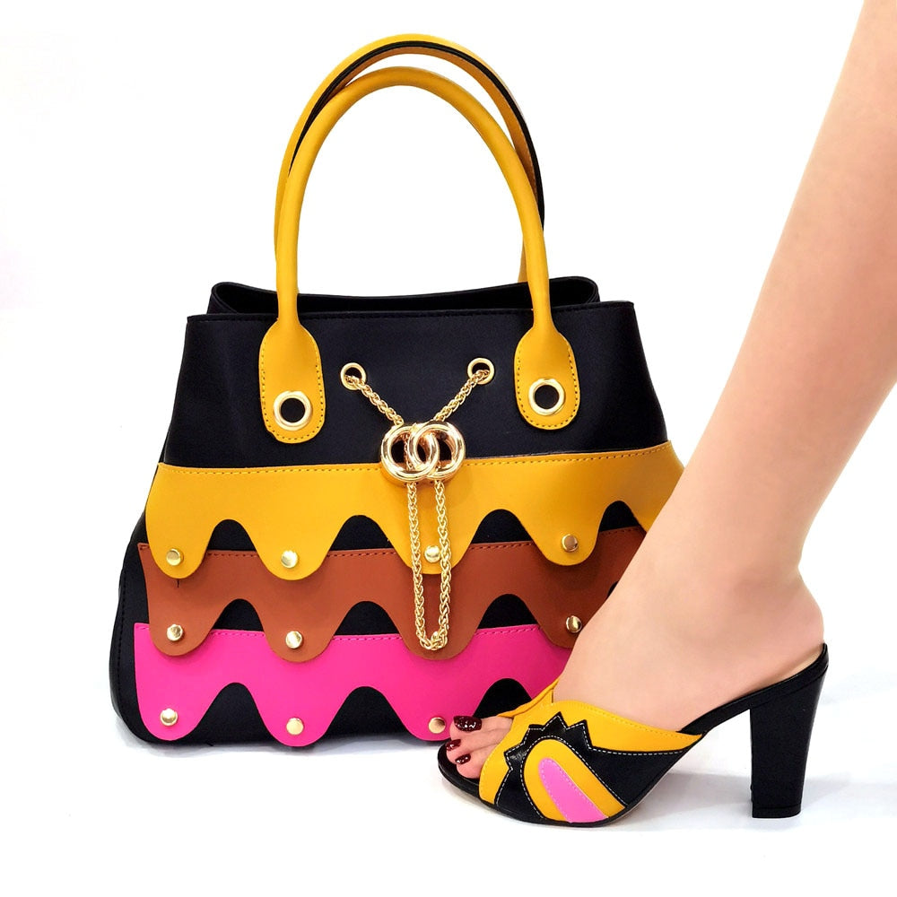 various multi Color Comfortable shoes & matching handbag, ladies Heels Italian style, for African, south American, Caribbean colors Women Shoes and hand Bag Set