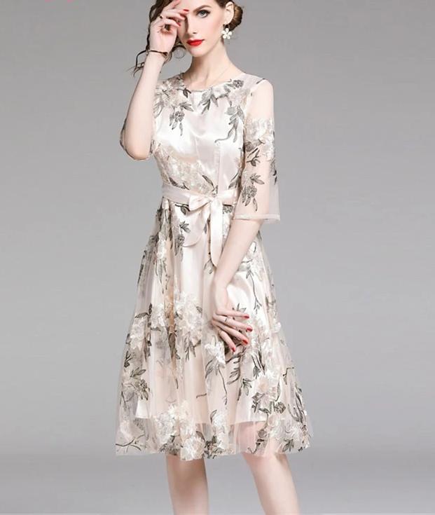 Women Luxury Embroidery summer Mesh Dress, Elegant Wedding Party Designer High Quality Lace dress C33