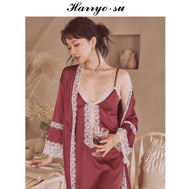 Linad Feather Splicing Robes V-Neck Elegant Women's Dressing Gown Long  Sleeves Night Dress Women Solid Satin Pajamas With Sashes - AliExpress