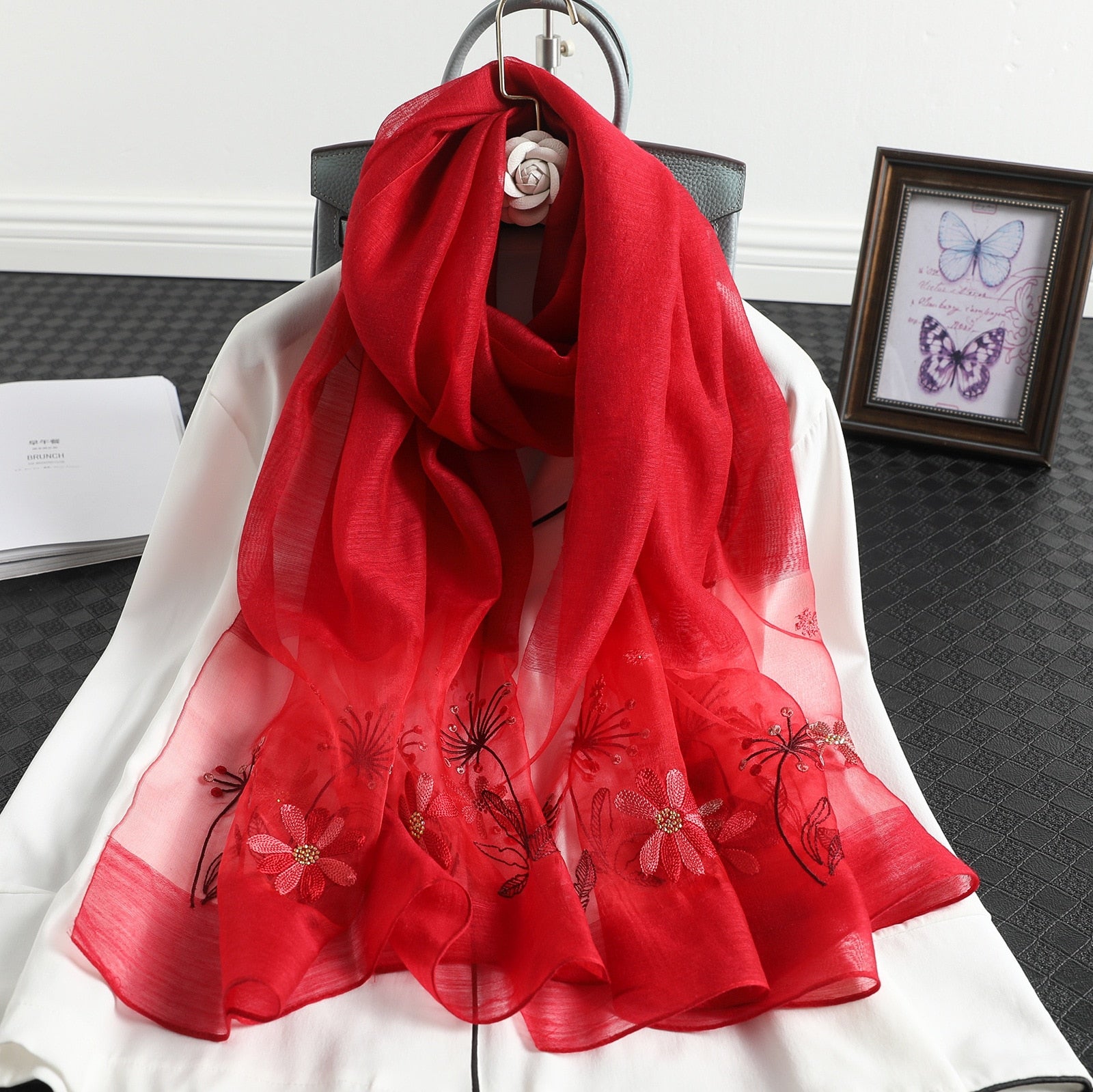 beautiful elegant Solid Silk Women Scarf Winter Warm Wool Shawls Lady Wraps  Floral Pashmina Luxury Embroidery Scarves, headwrap Hijab