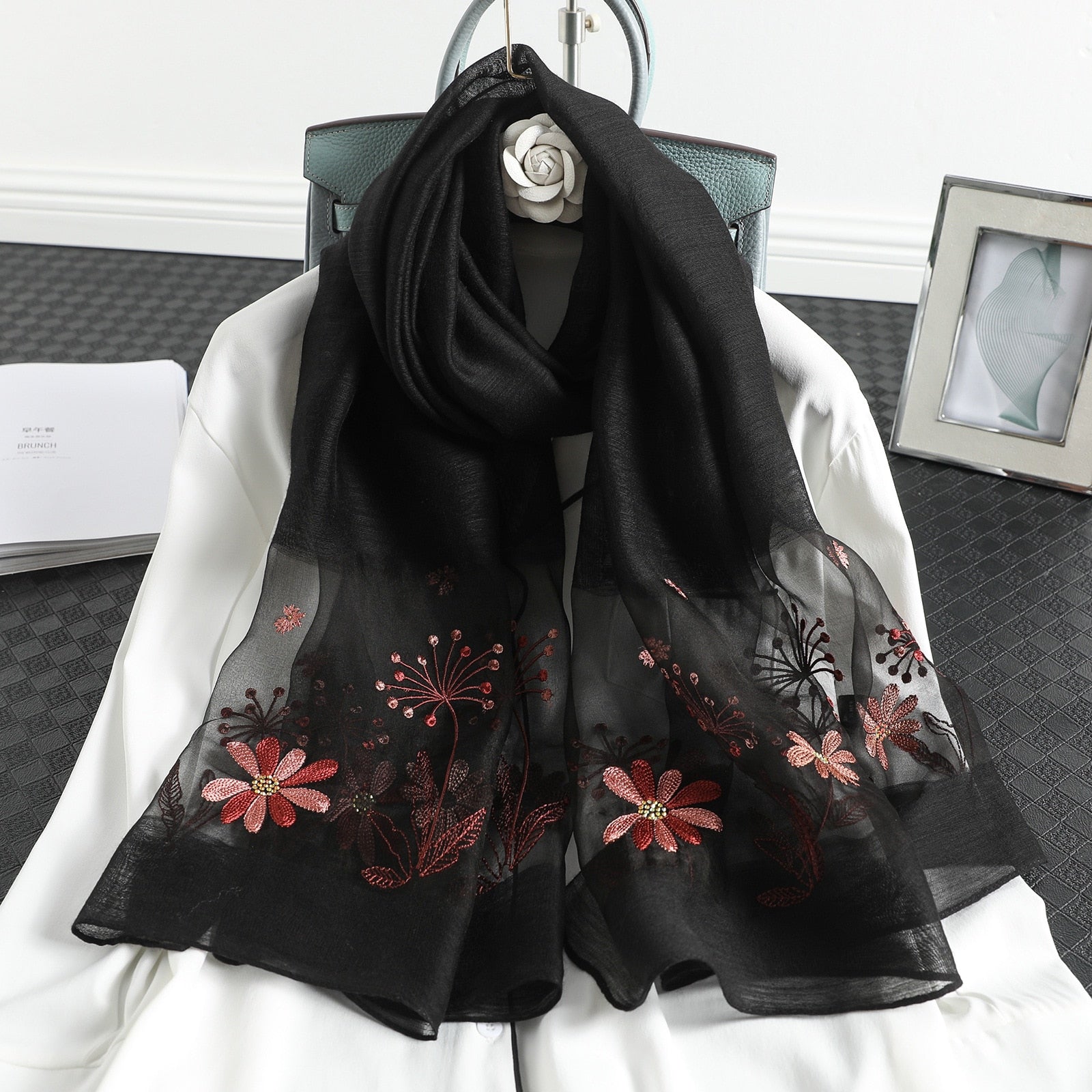 beautiful elegant Solid Silk Women Scarf Winter Warm Wool Shawls Lady Wraps  Floral Pashmina Luxury Embroidery Scarves, headwrap Hijab