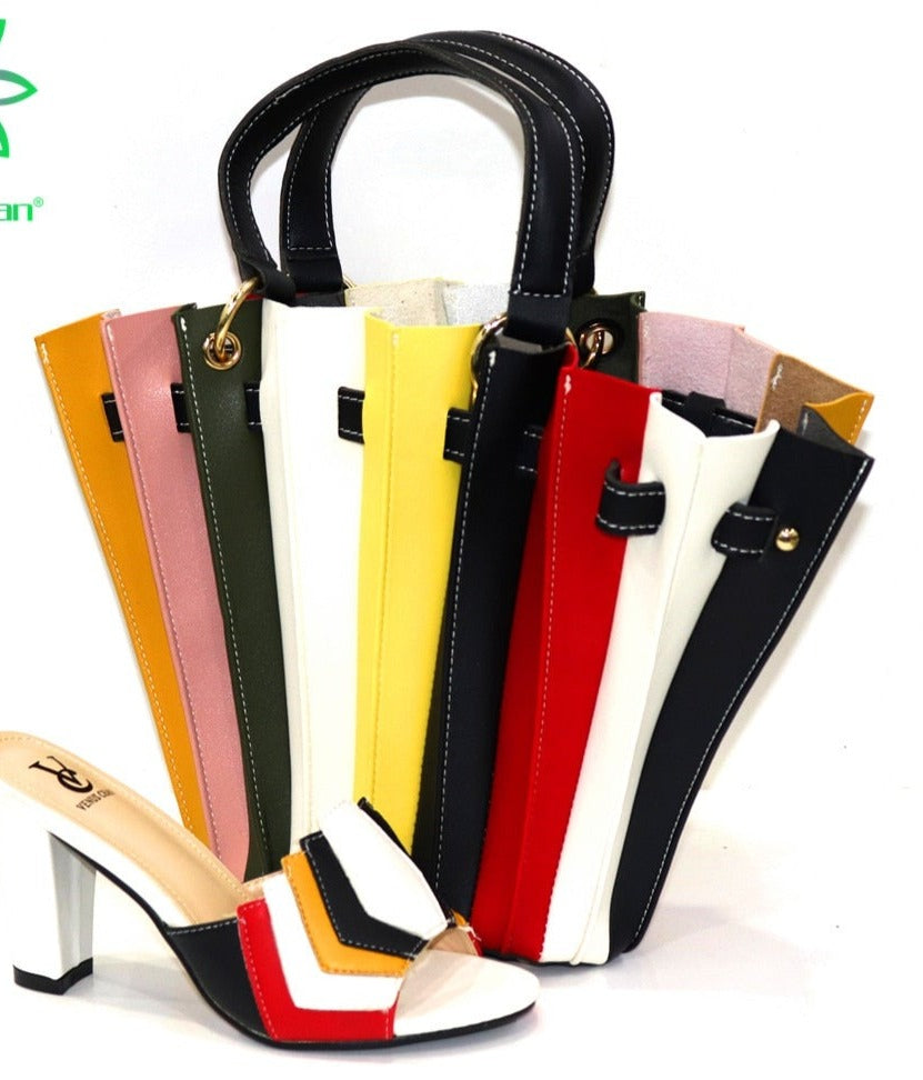 various multi Color Comfortable shoes & matching handbag, ladies Heels Italian style, for African, south American, Caribbean colors Women Shoes and hand Bag Set