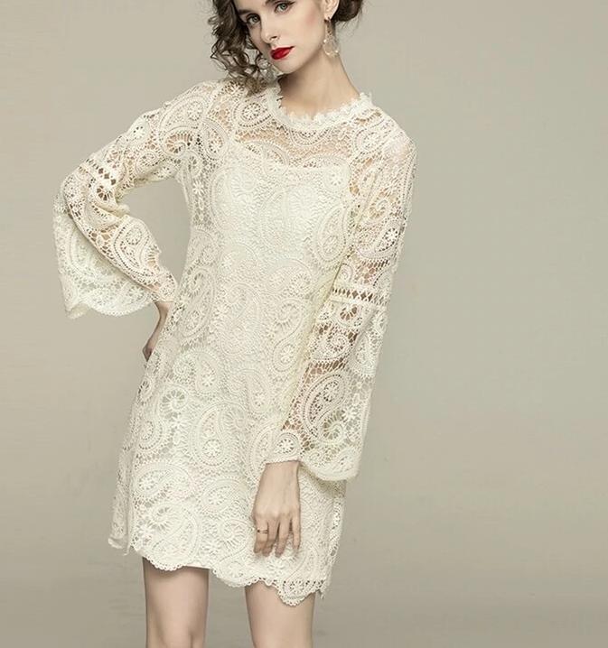 Women Spring & Summer Elegant Lace Dress, High Quality Vintage dress, evening cocktail dress, Flare Sleeve Designer dress, C38