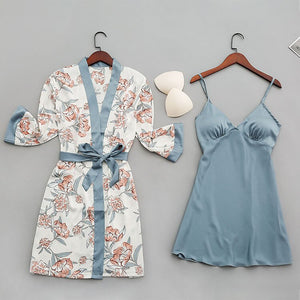 Sexy Women Pajamas Lace Slik Sleep Lounge Nightgown Satin Sleepwear Pyjamas Femme with Chest Pads Indoor Clothing Kimono Robes