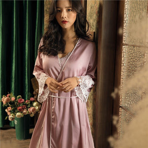 pink black pink satin sleepwear women robe set long sleeves ladies high cut lace sleepdress women home wear nightgowns 981