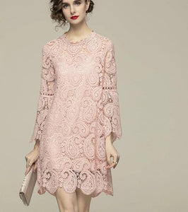 Women Spring & Summer Elegant Lace Dress, High Quality Vintage dress, evening cocktail dress, Flare Sleeve Designer dress, C38