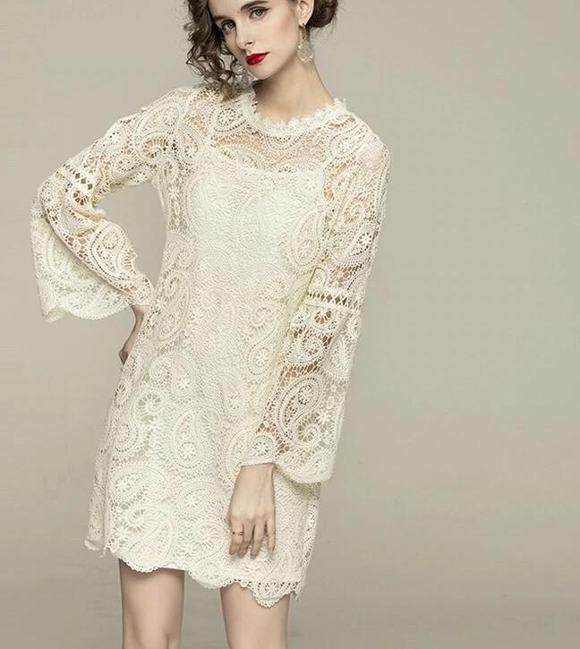 Women Spring & Summer Elegant Lace Dress, High Quality Vintage dress, evening cocktail dress, Flare Sleeve Designer dress, C38