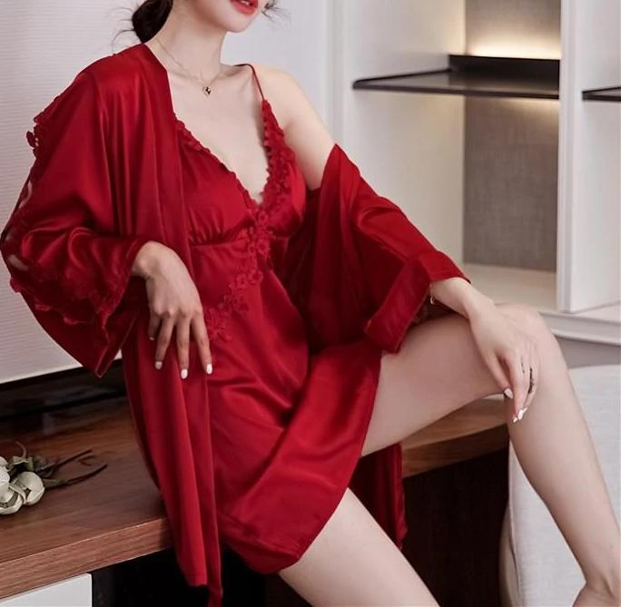 Sleepwear Satin Sexy modern short Nightgown, Lace Trim Nightwear, Lounge wear, C28