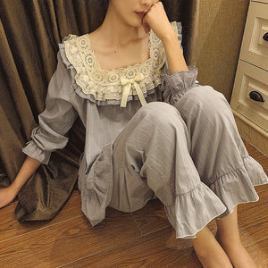 Women's Vintage Pajamas Sets, Loose Fit Cotton Square Collar Retro 2 Pieces Suit, Vintage long nightgown C35YN