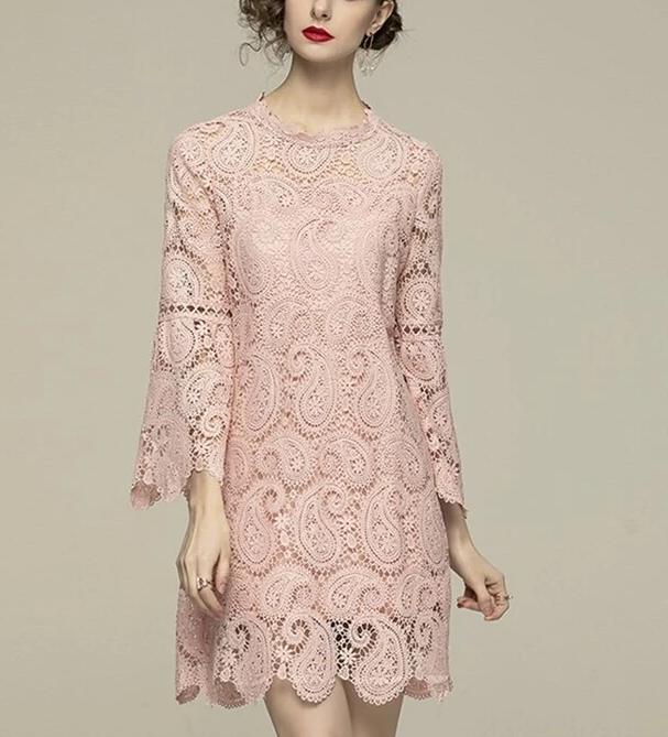 Women Spring & Summer Elegant Lace Dress, High Quality Vintage dress, evening cocktail dress, Flare Sleeve Designer dress, C38