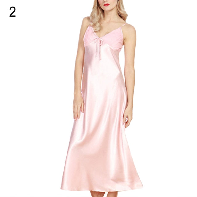 Summer Sexy Satin Loose Sleepwear Women V-Neck Long Maxi Babydoll Night Dress Underwear Nightgowns