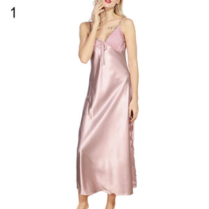 Summer Sexy Satin Loose Sleepwear Women V-Neck Long Maxi Babydoll Night Dress Underwear Nightgowns