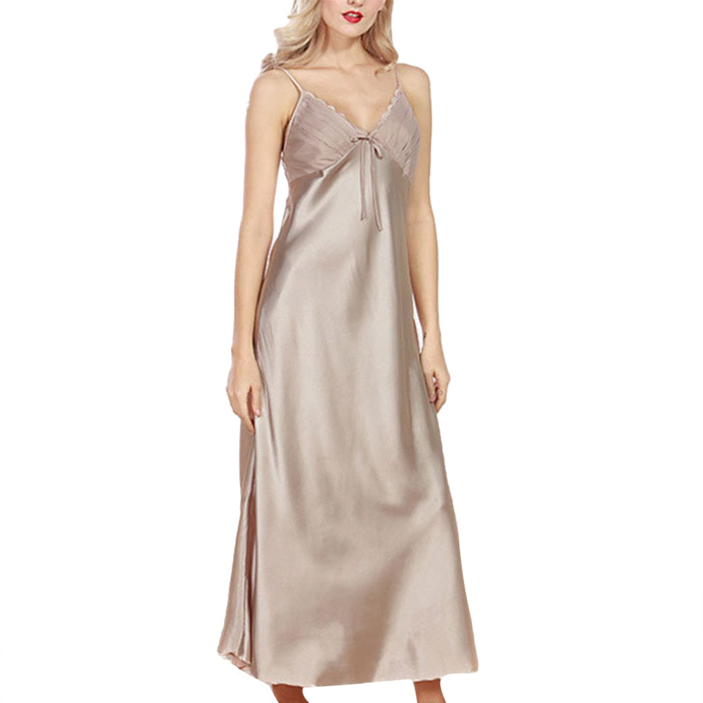 Summer Sexy Satin Loose Sleepwear Women V-Neck Long Maxi Babydoll Night Dress Underwear Nightgowns