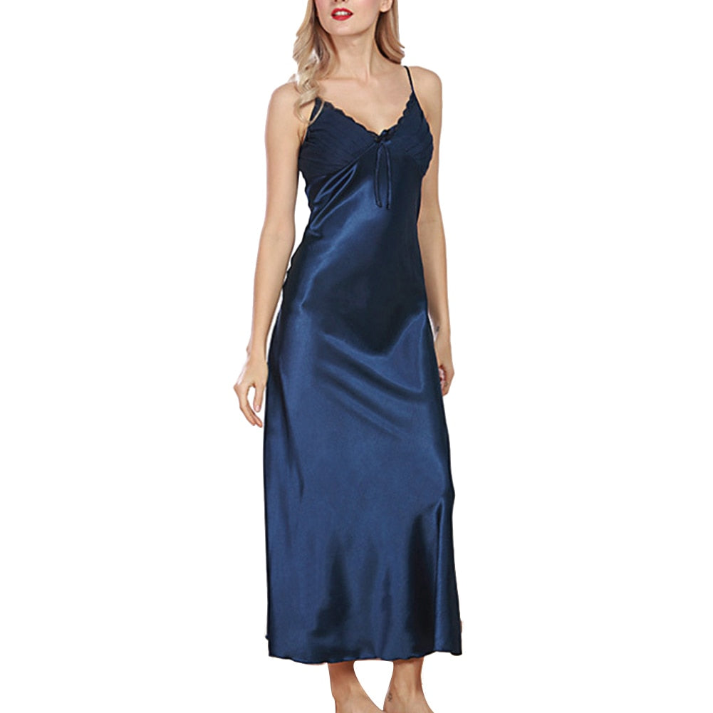 Summer Sexy Satin Loose Sleepwear Women V-Neck Long Maxi Babydoll Night Dress Underwear Nightgowns